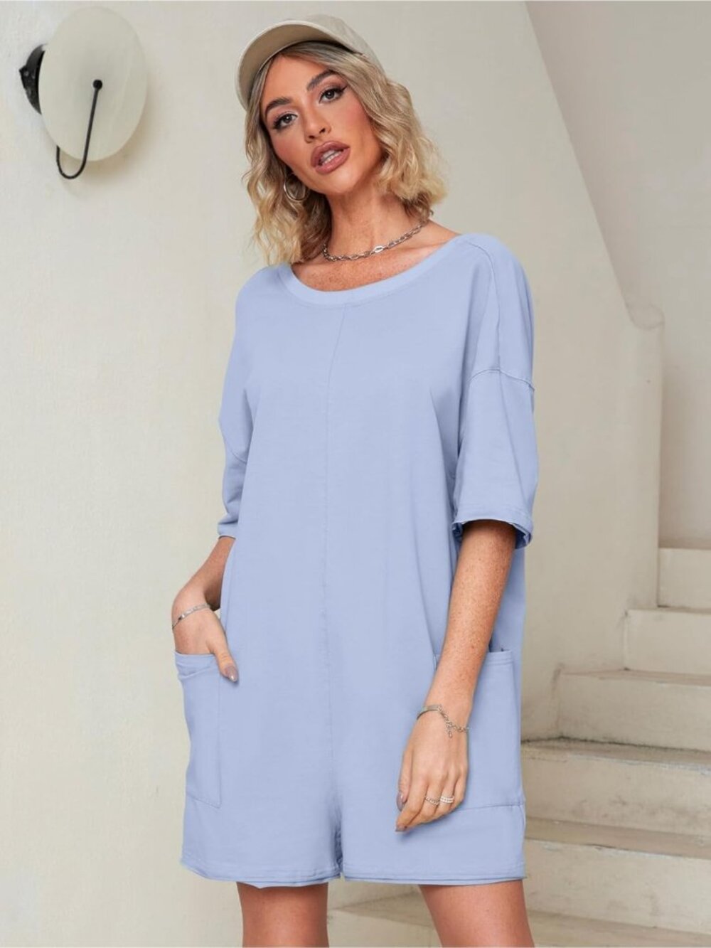 Women's Sky Blue Summer Casual Onesie Backless Loose Short Oversized Tee Romper - Picture 2 of 5